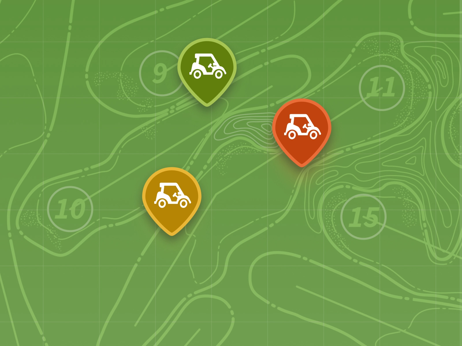 An illustrated golf course overview map with a green background and pins of various colors with golf carts indicating positions.