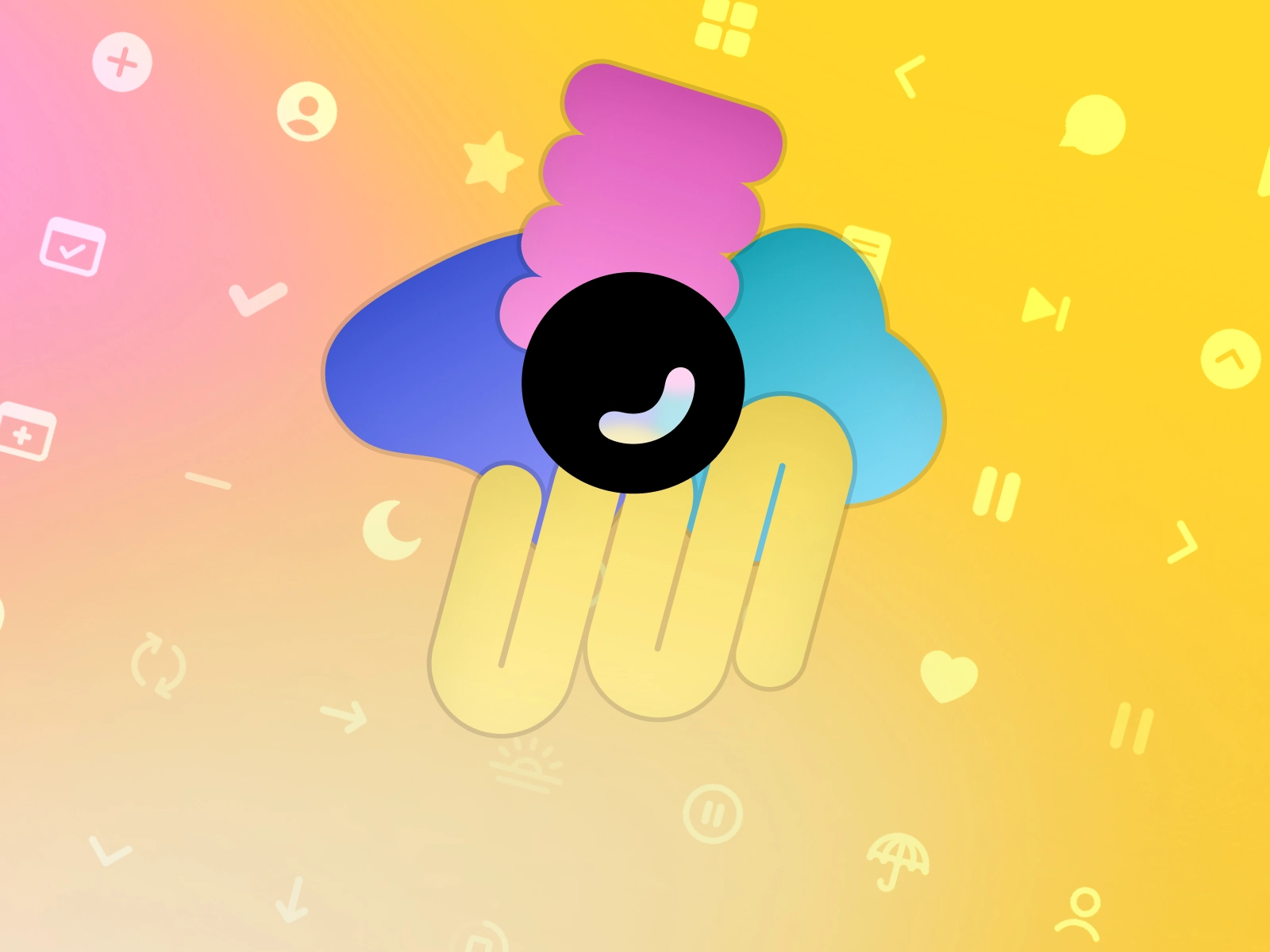 A collection of playful shapes in various colors and sizes with the Happier logo placed above.