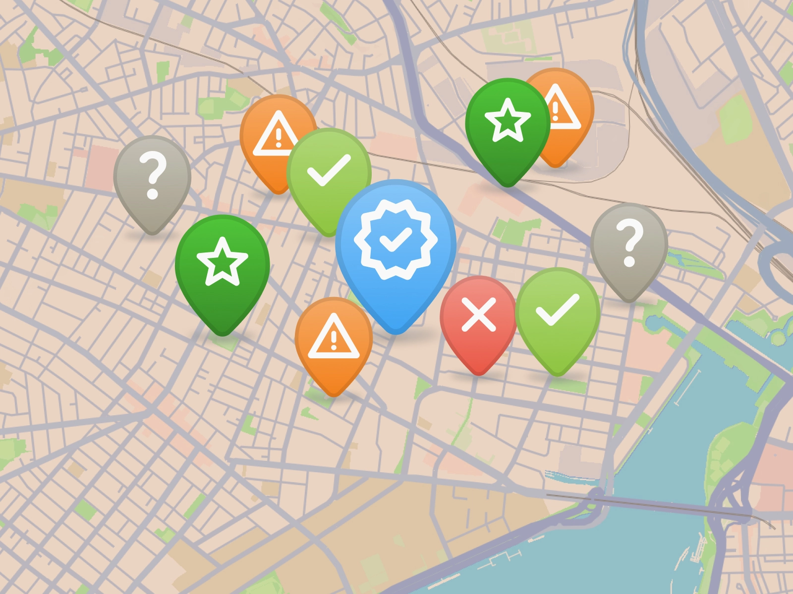 An illustrated map of a city with pins of various colors and icons representing locations of restaurants.