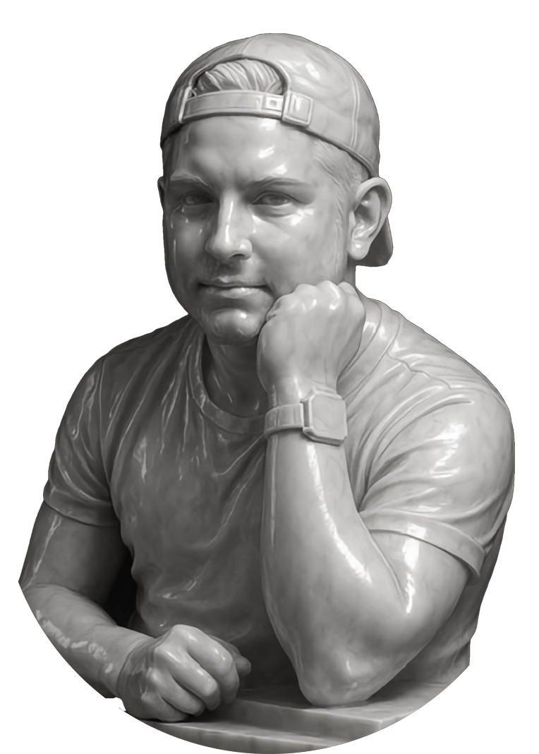 An image of Austin Soares represented in marble material with a backwards facing baseball cap.