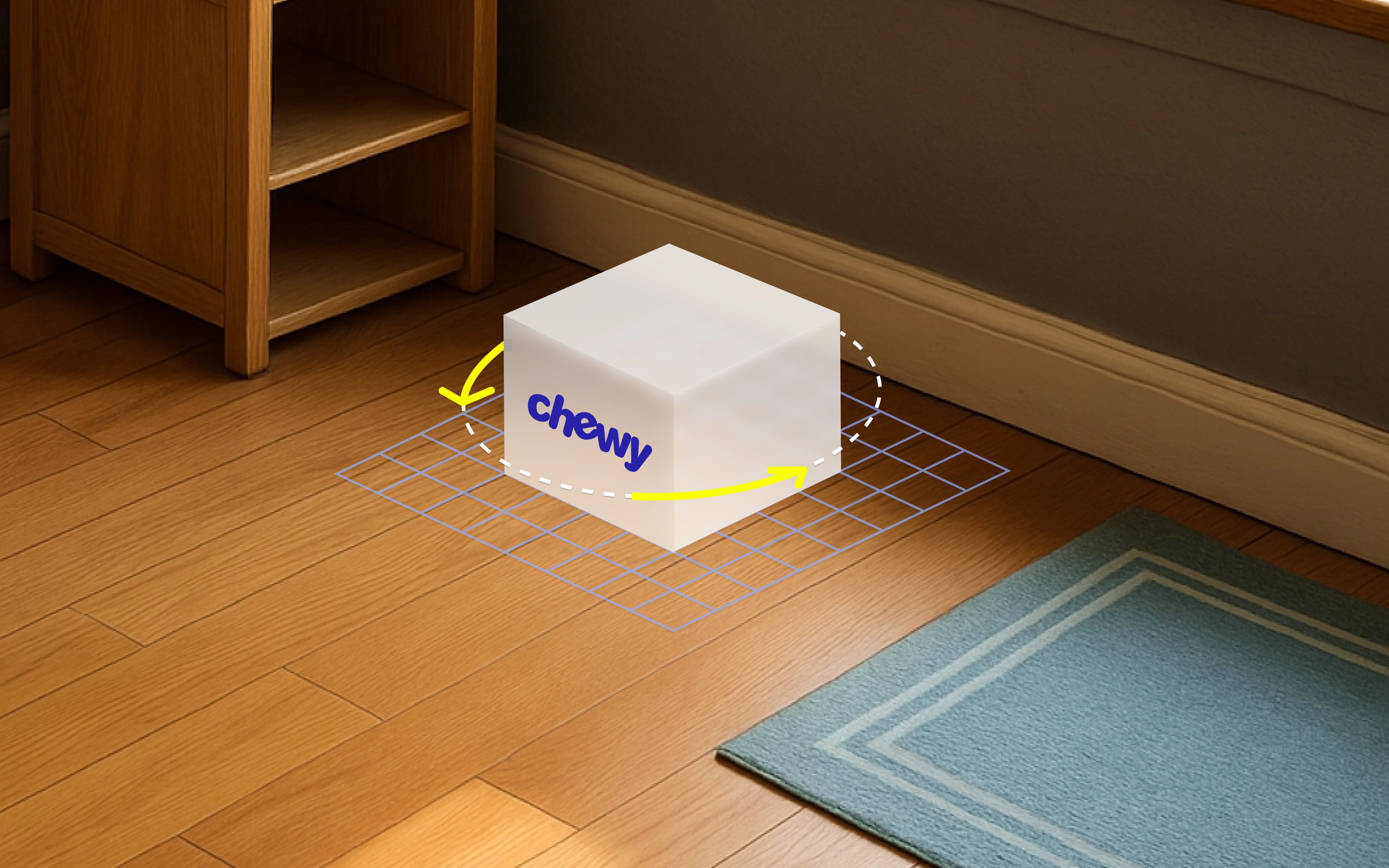 Illustration of a room with a transparent Chewy box on the floor, showing AR placement guideline arrows.