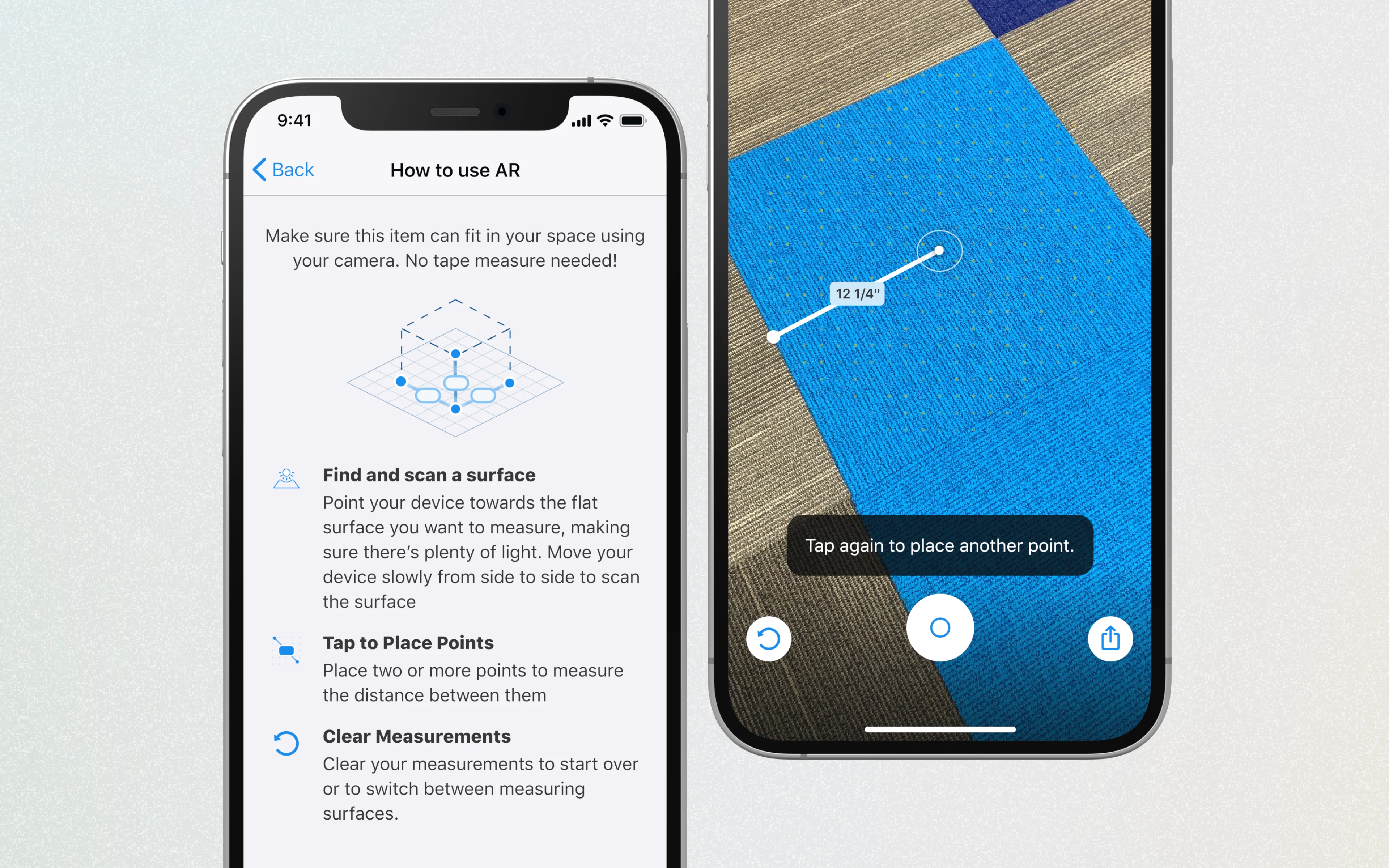 Two phone screens displayed side by side: one showing 'How to use AR' instructions, the other showing a measurement overlay on a carpet.