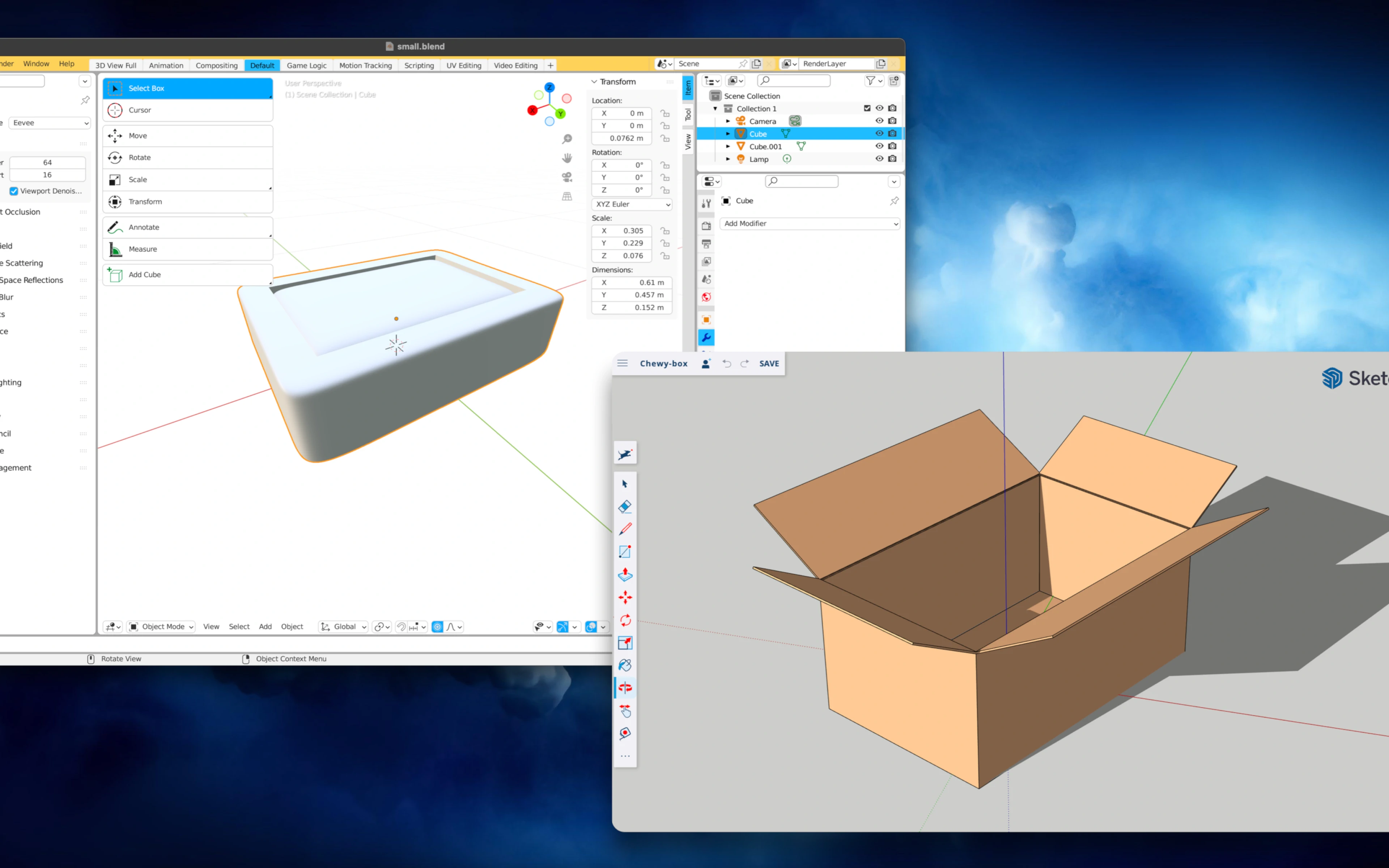 Screenshot of 3D modeling software showing a Chewy box design, with two different views of the box.