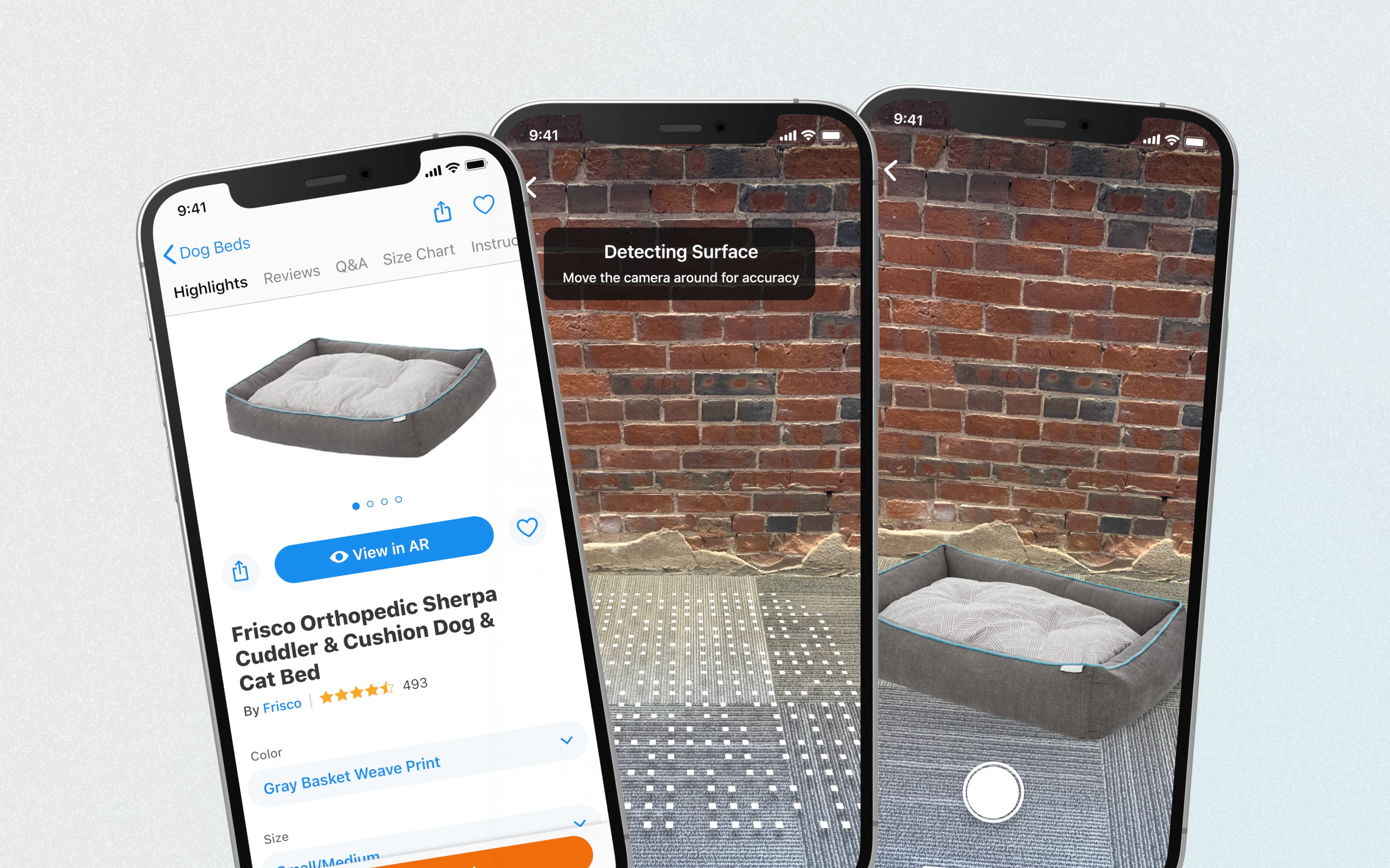 Three phone screens side by side: the first showing a dog bed product page, the second showing AR surface detection, and the third showing the dog bed placed in the AR view.