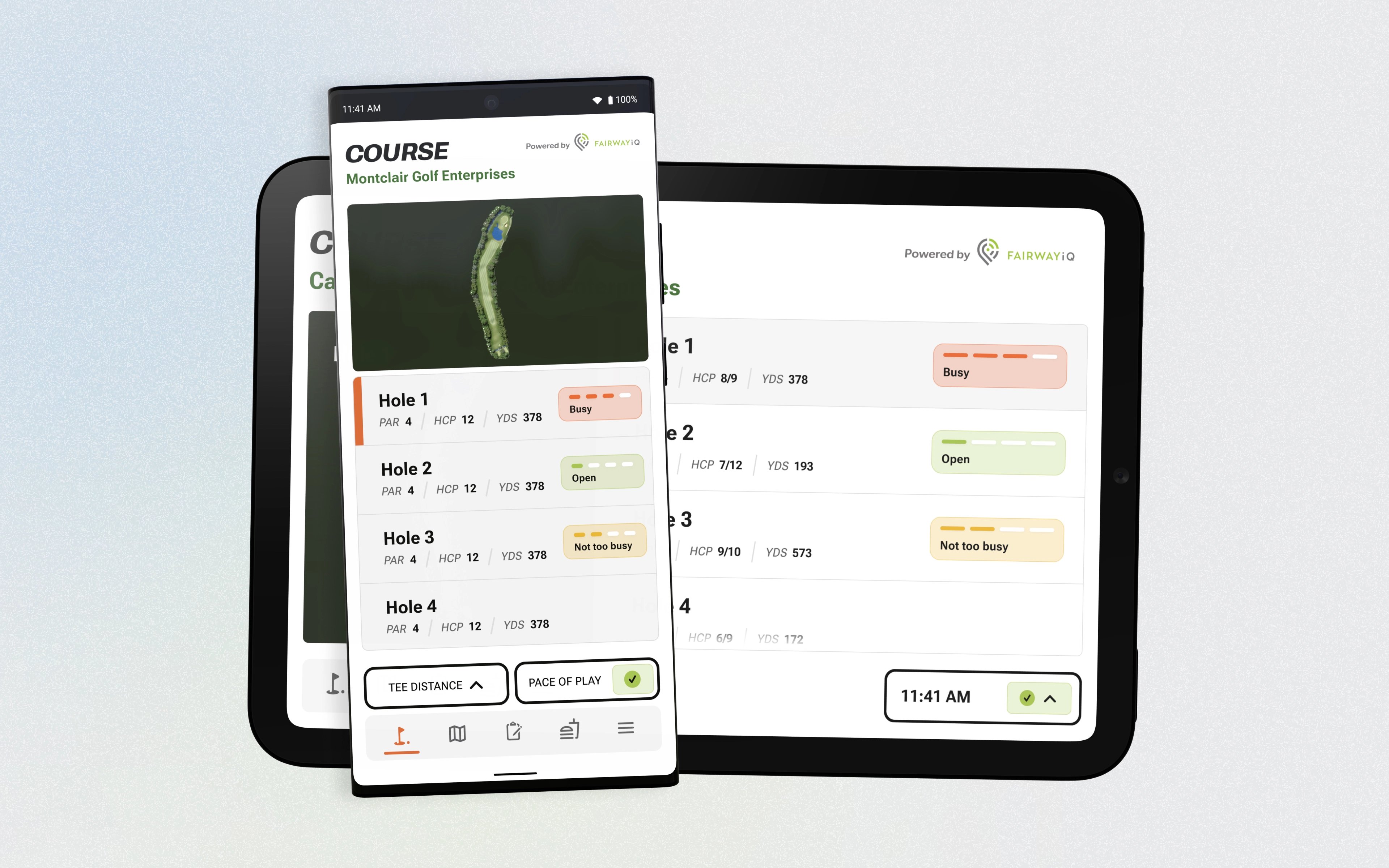 A phone stacked on top of a tablet, displaying the same interface, displaying a list of holes at a golf course with identical ui.