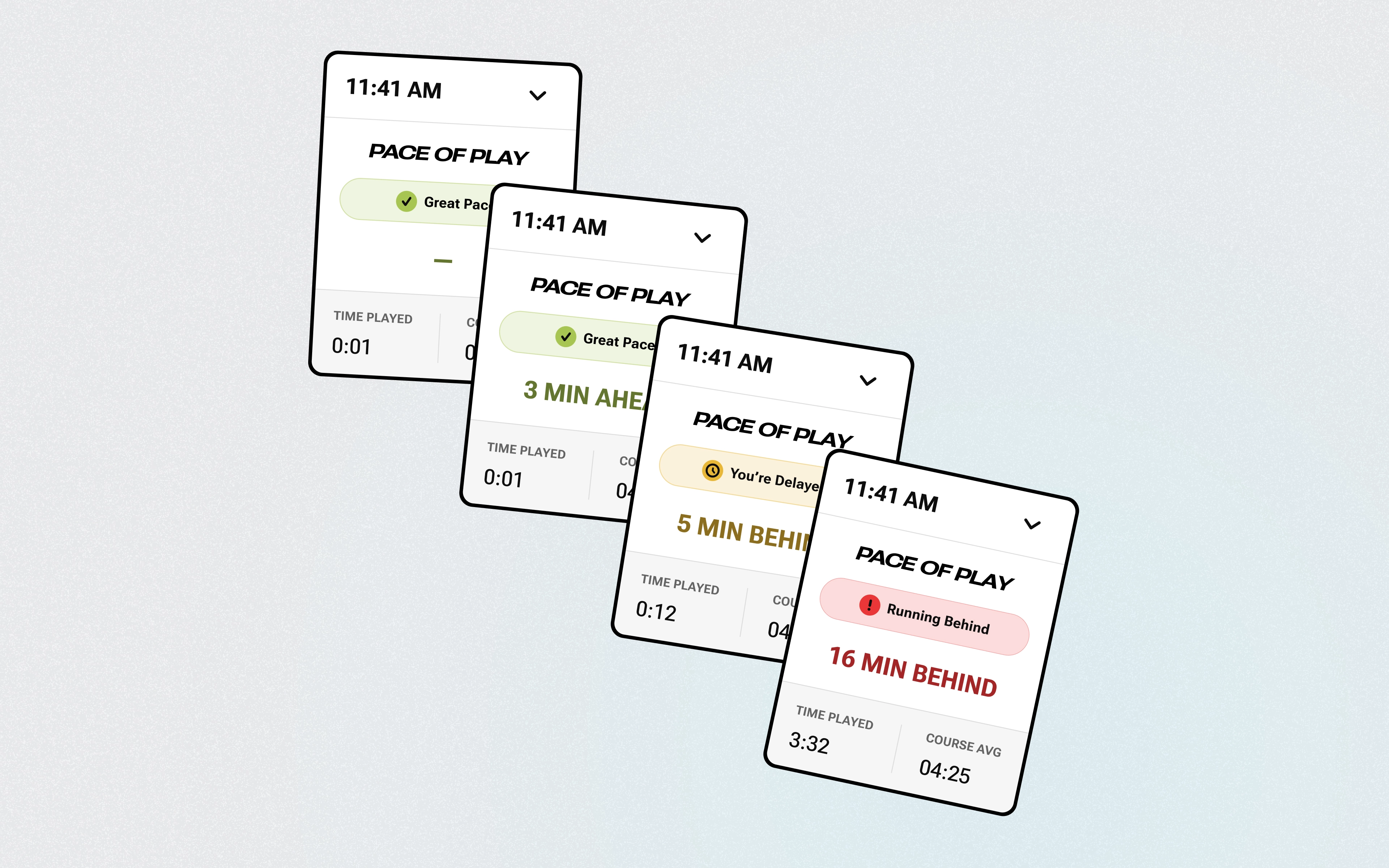 Four different pace of play panels, each with a different message and color.