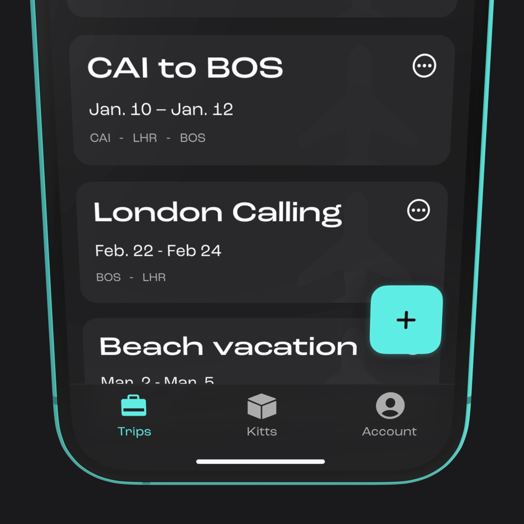 A phone displaying a list of flight information including trip name, dates and origin/destination.