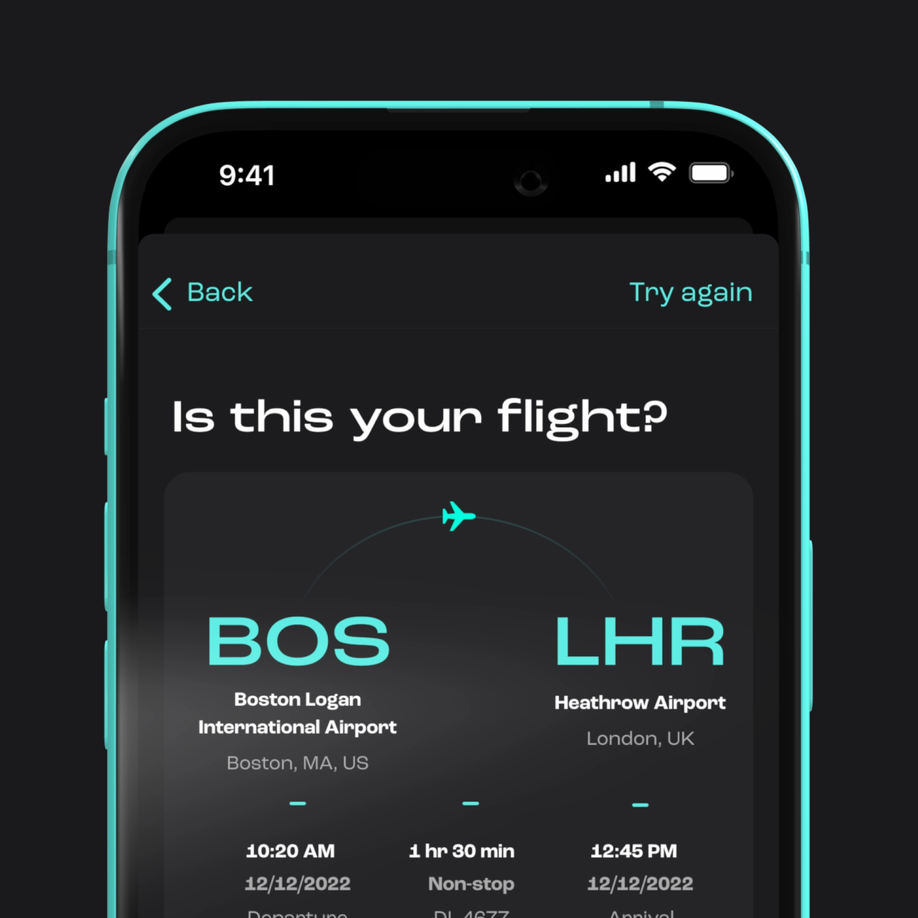 A phone displaying a flight information for confirmation.