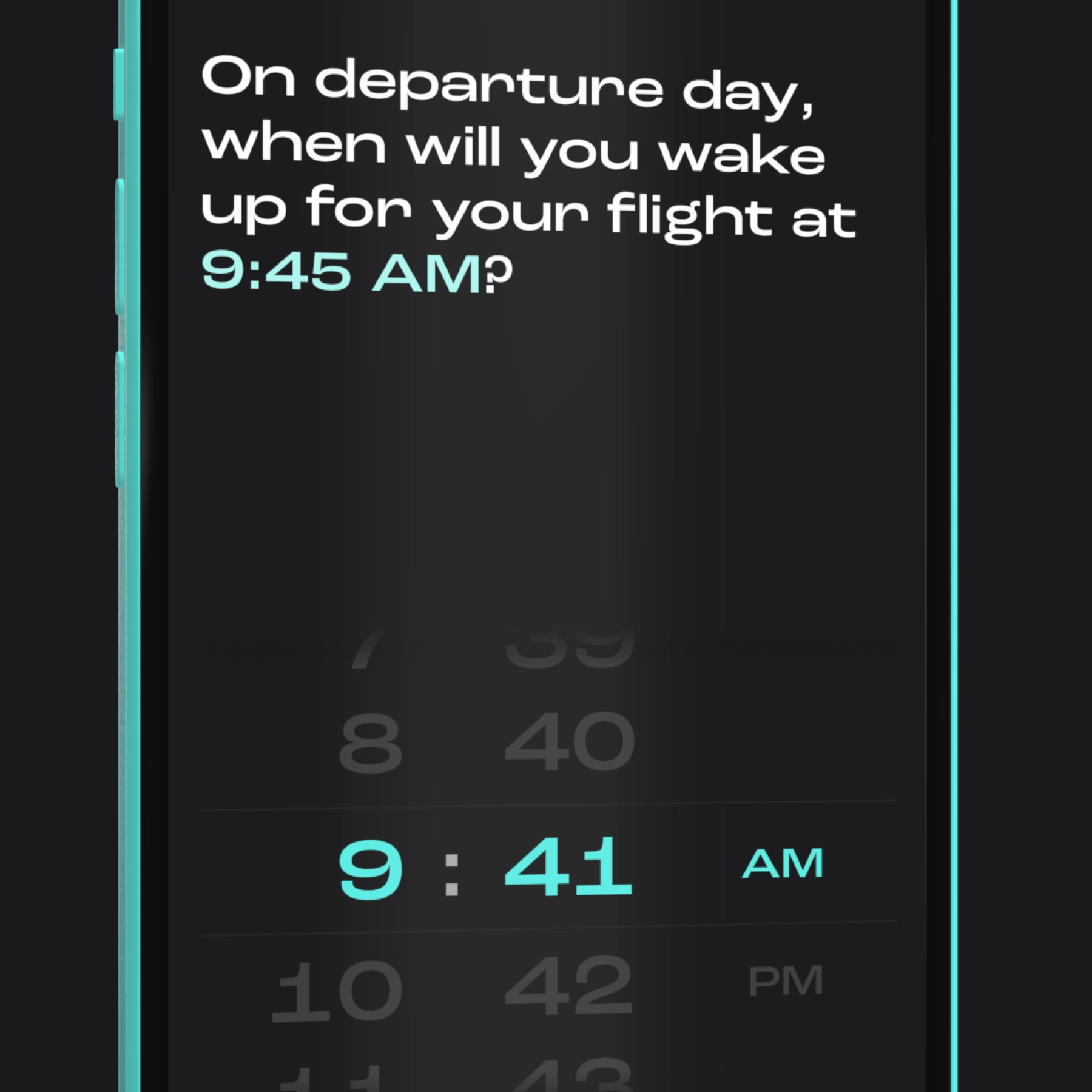 A phone screen showing a time picker for selecting wake up time on the day of your flight.