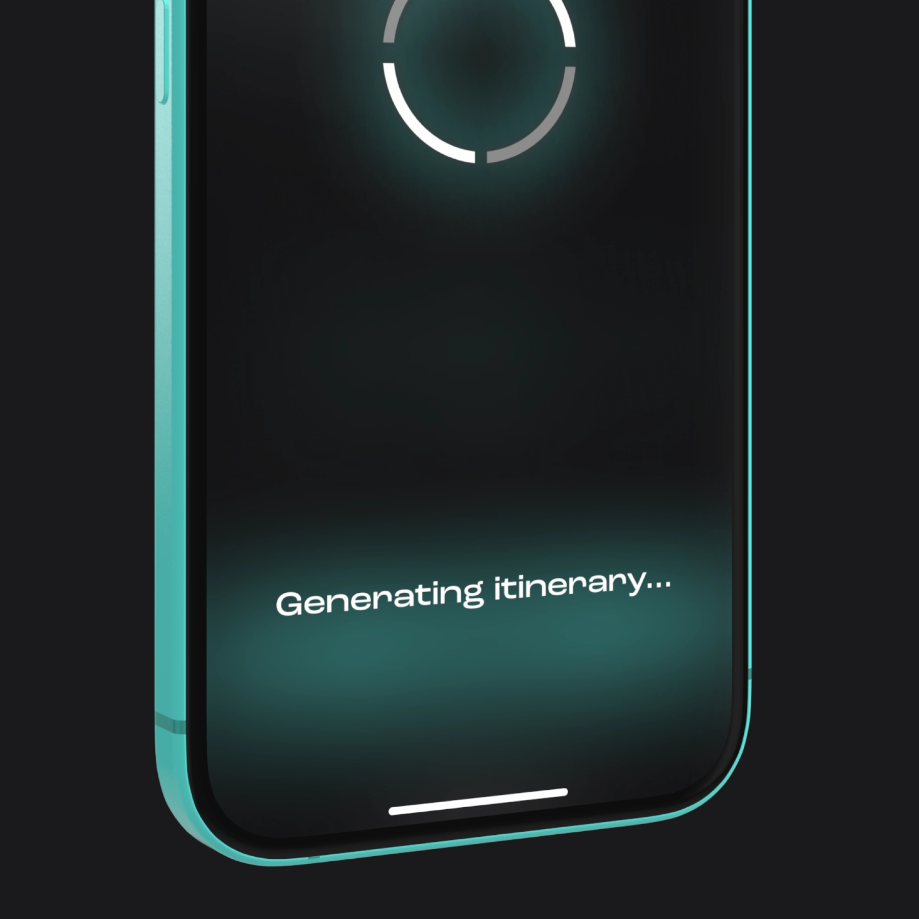 A phone screen displaying a futuristic round logo element with the text 'Generating itinerary'