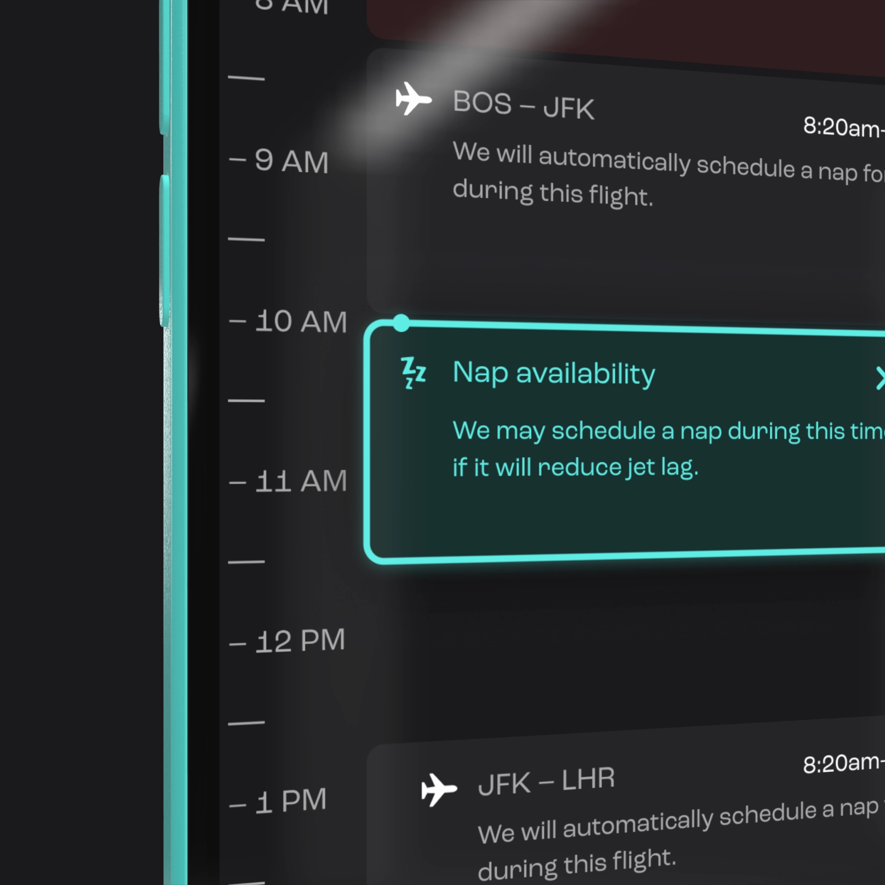 A close-up of a phone screen displaying a daily travel itinerary and the ability to select times for naps.