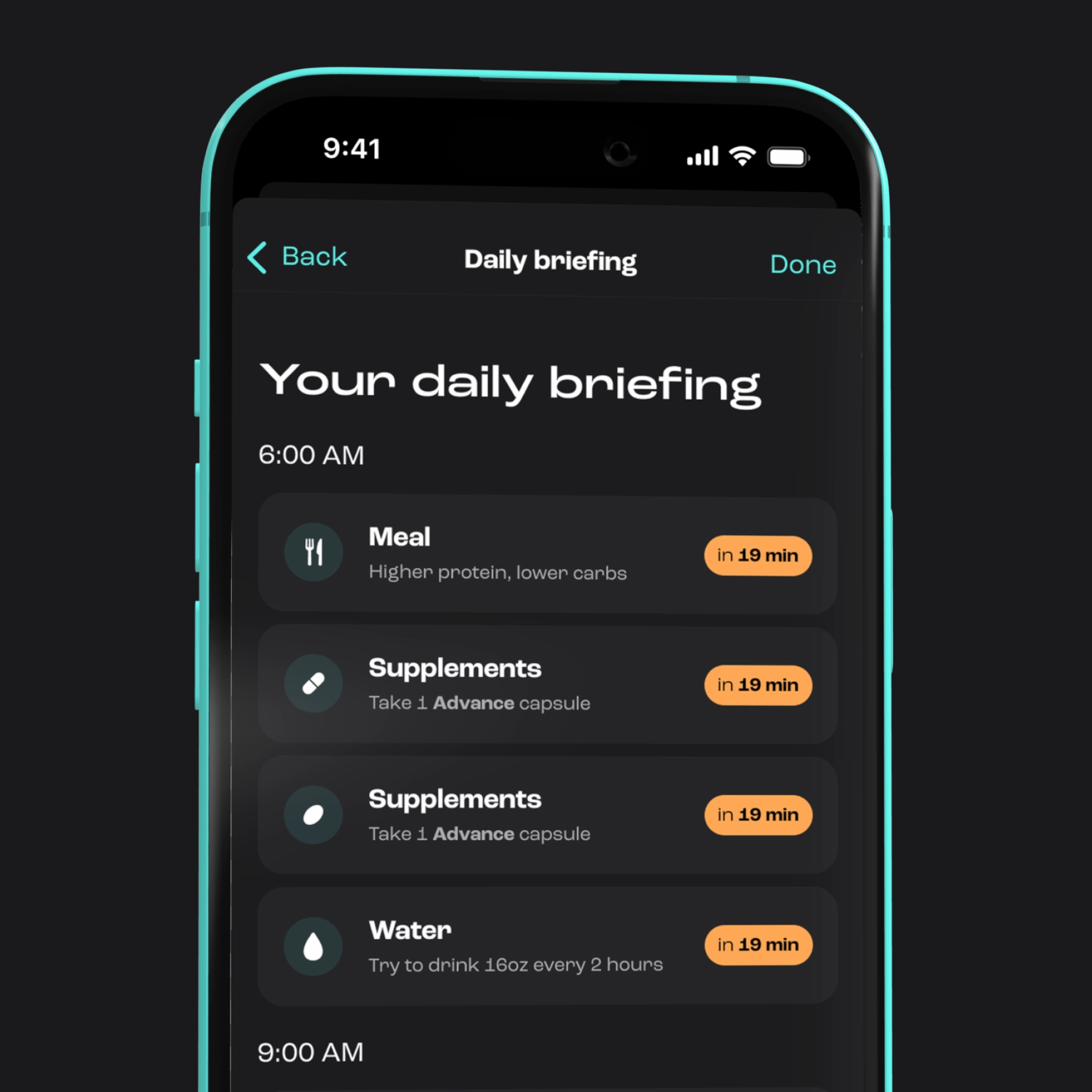 A phone screen with a list of daily tasks including info about meals, water intake, sun exposure and supplements.