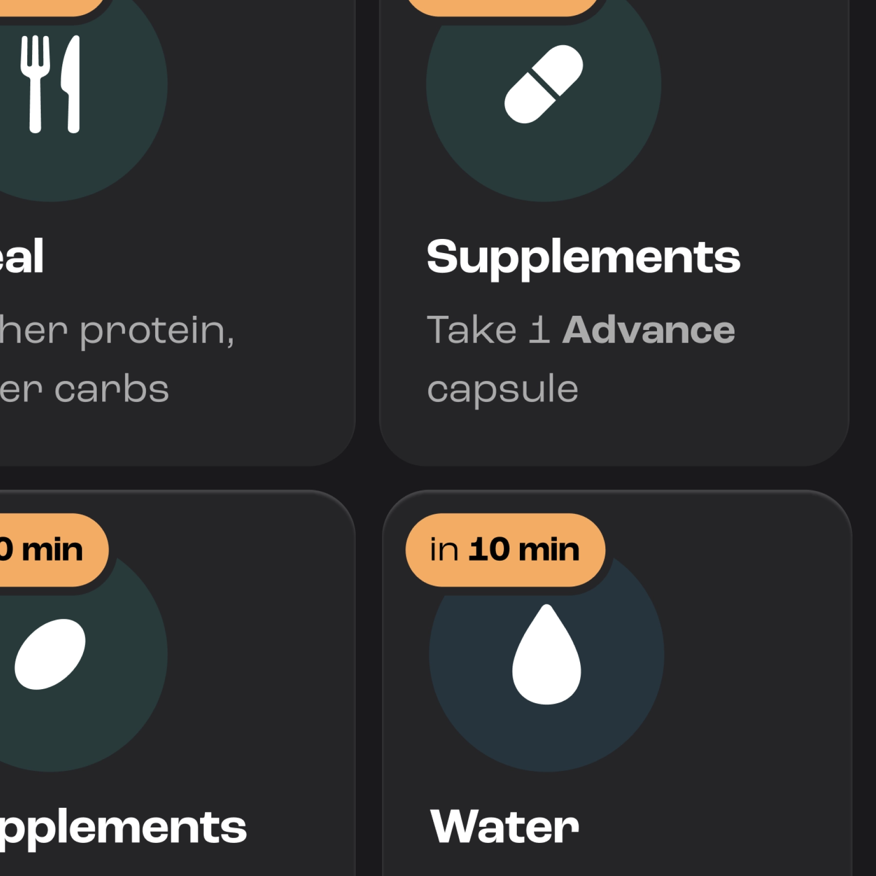 Close-up view of a grid of daily tasks with labels displaying when to take action relative to the current time.
