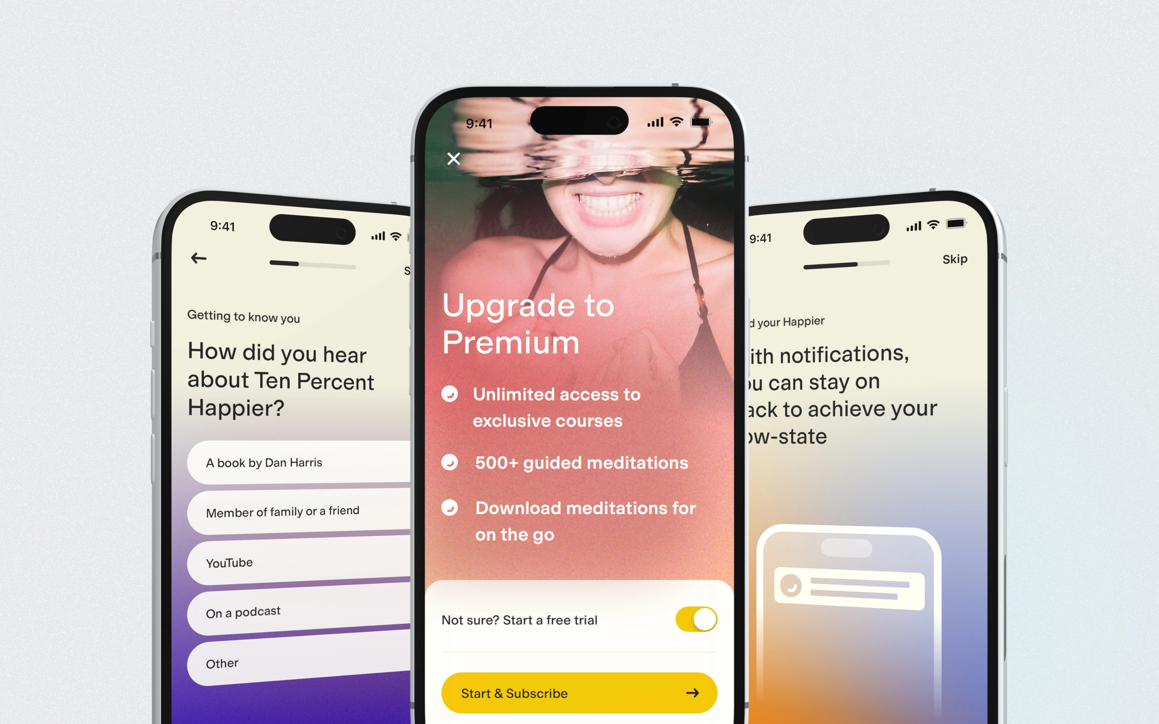 Three phones displaying unique attributes to onboarding including: referral capture, a subscription gate and a notificfation prompt screen.