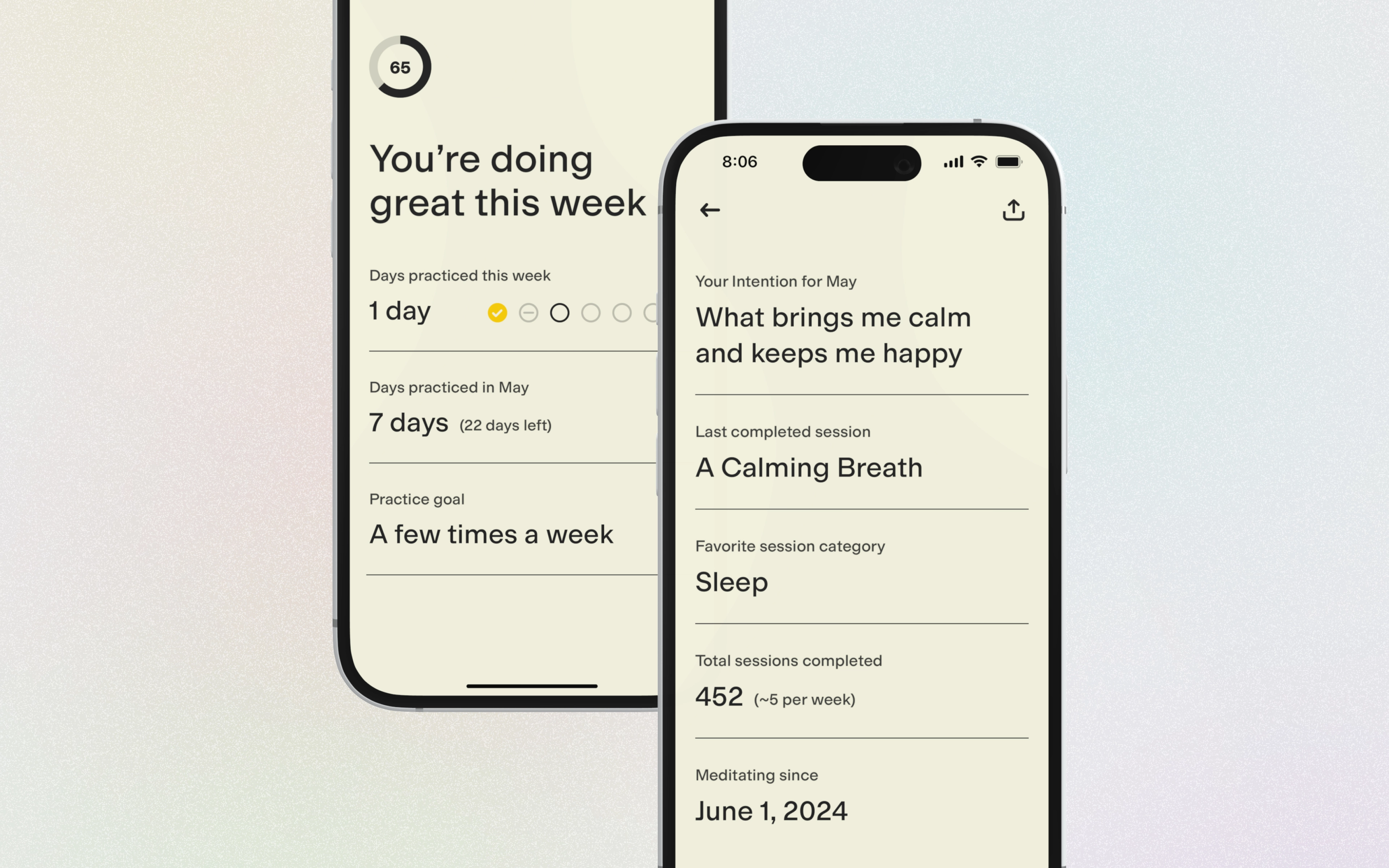 Two phones displaying statistics and progress indicators for a meditator's practice. The left phone displays a graph of their practice over time, the right phone displays a list of their goals and their progress towards them.