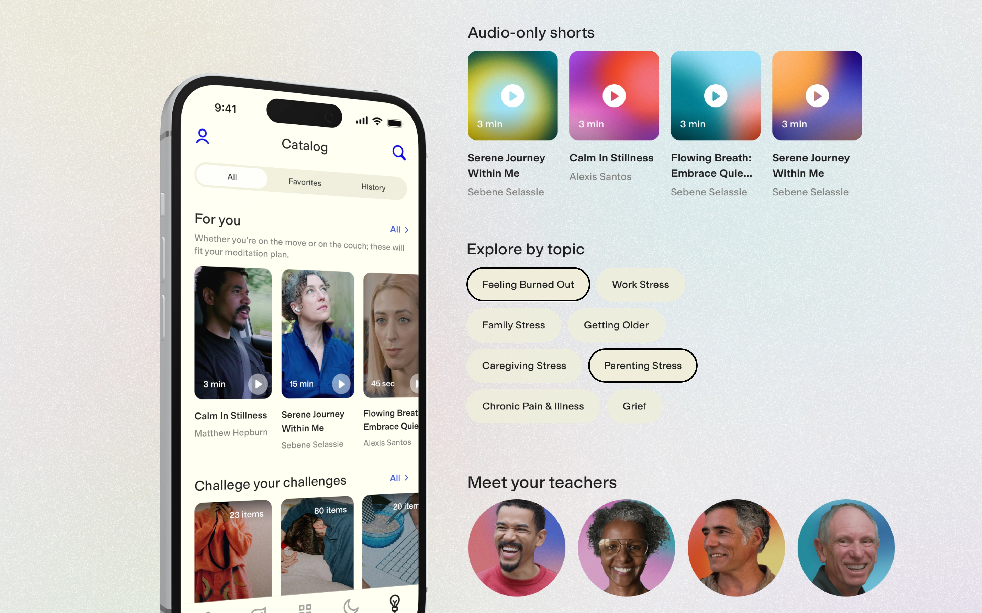 A phone displaying a list of podcasts, each with a thumbnail, title and description. On the right, there is a stack of UI elements including teachers, audio shorts and topics.