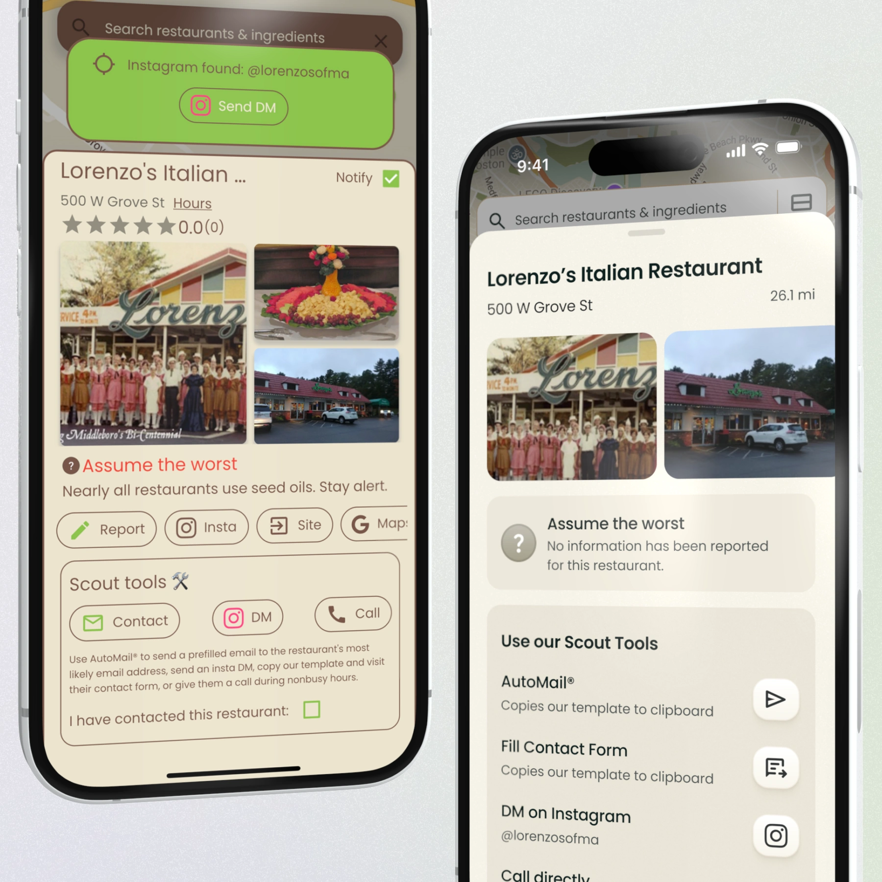 Two phone screens displaying a before and after of the app redesign. The background interface displays information about a restaurant and whether it uses seed oils.