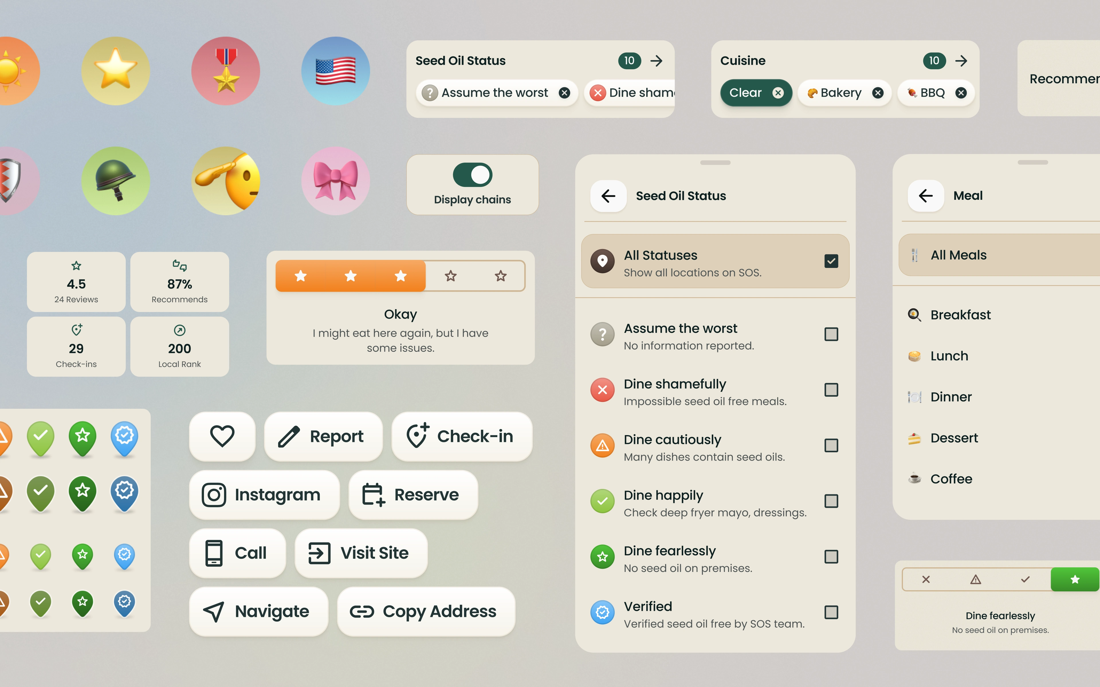 A collection of various interface elements that built the design system for the app. The design system follows a delightful and playful aesthetic.