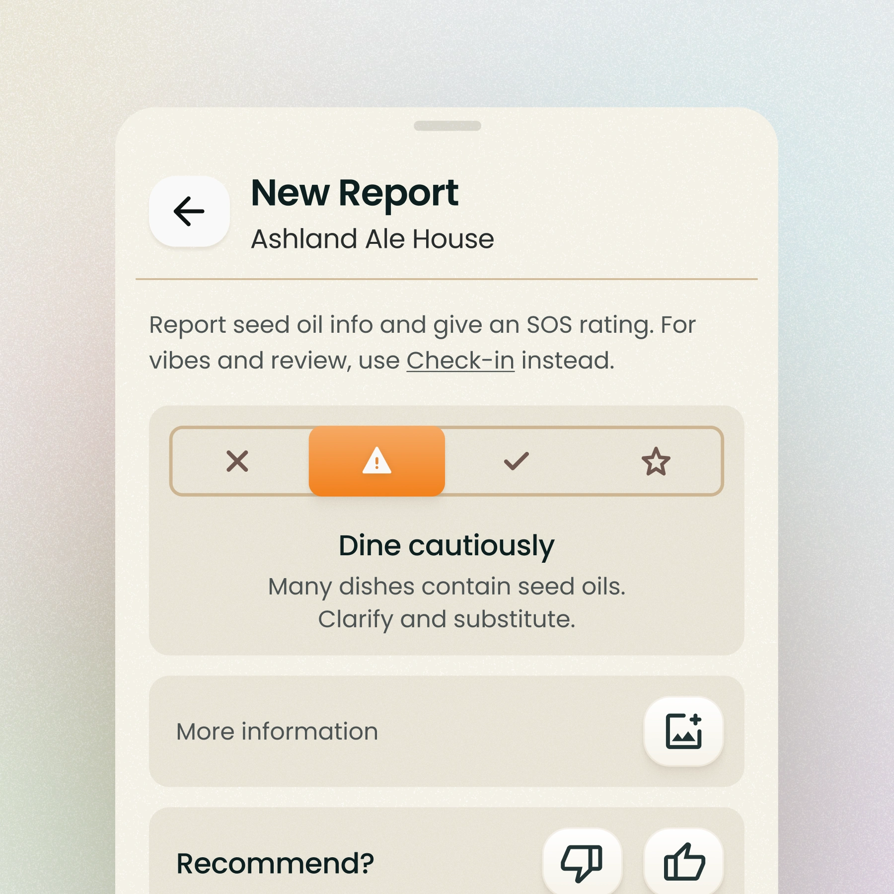 A phone screen allowing the user to report and review a restaurant for the community.