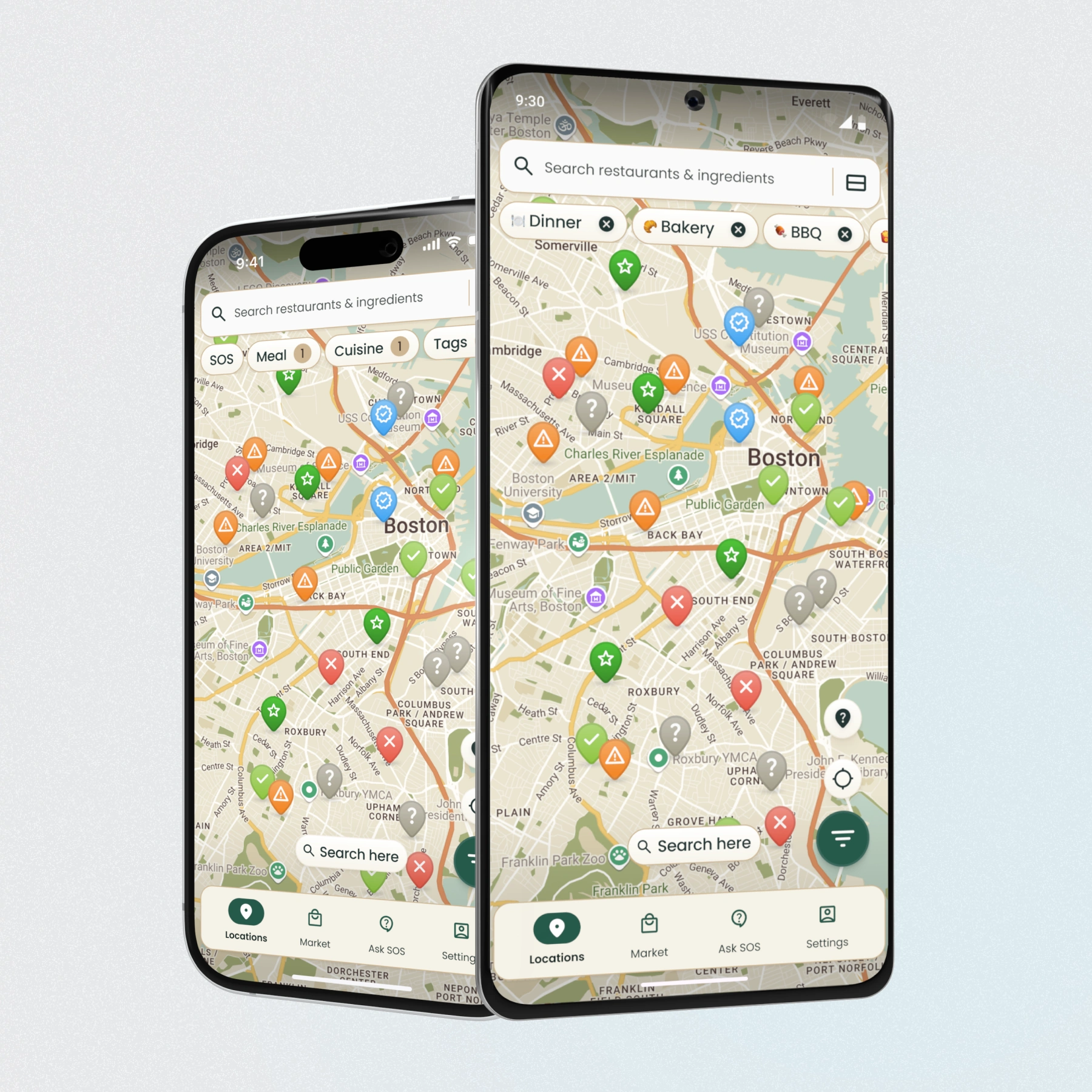 Two phones including an iPhone and an Android-device displaying the same interface of a map with icons representing the seed oil status of restaurants nearby.
